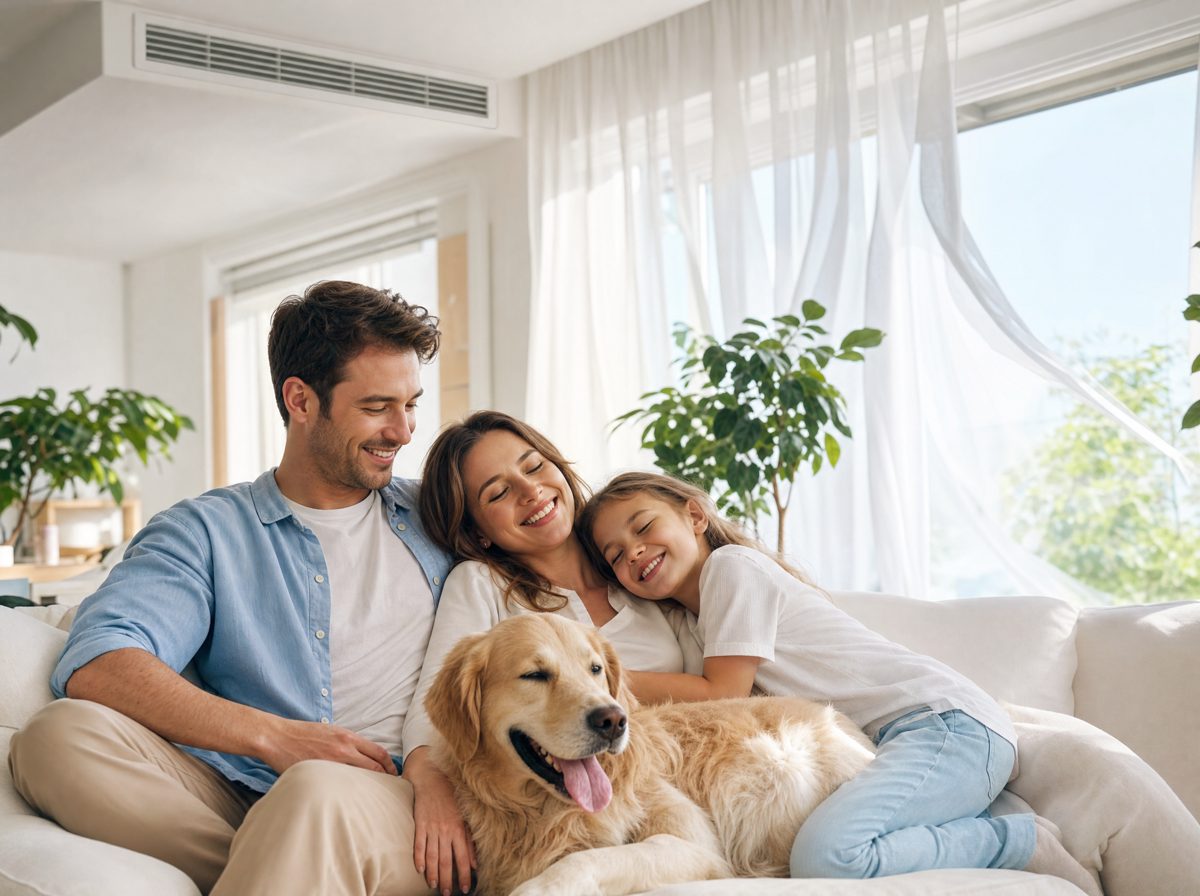 A family relaxing on a white couch with their golden retriever in a bright living room