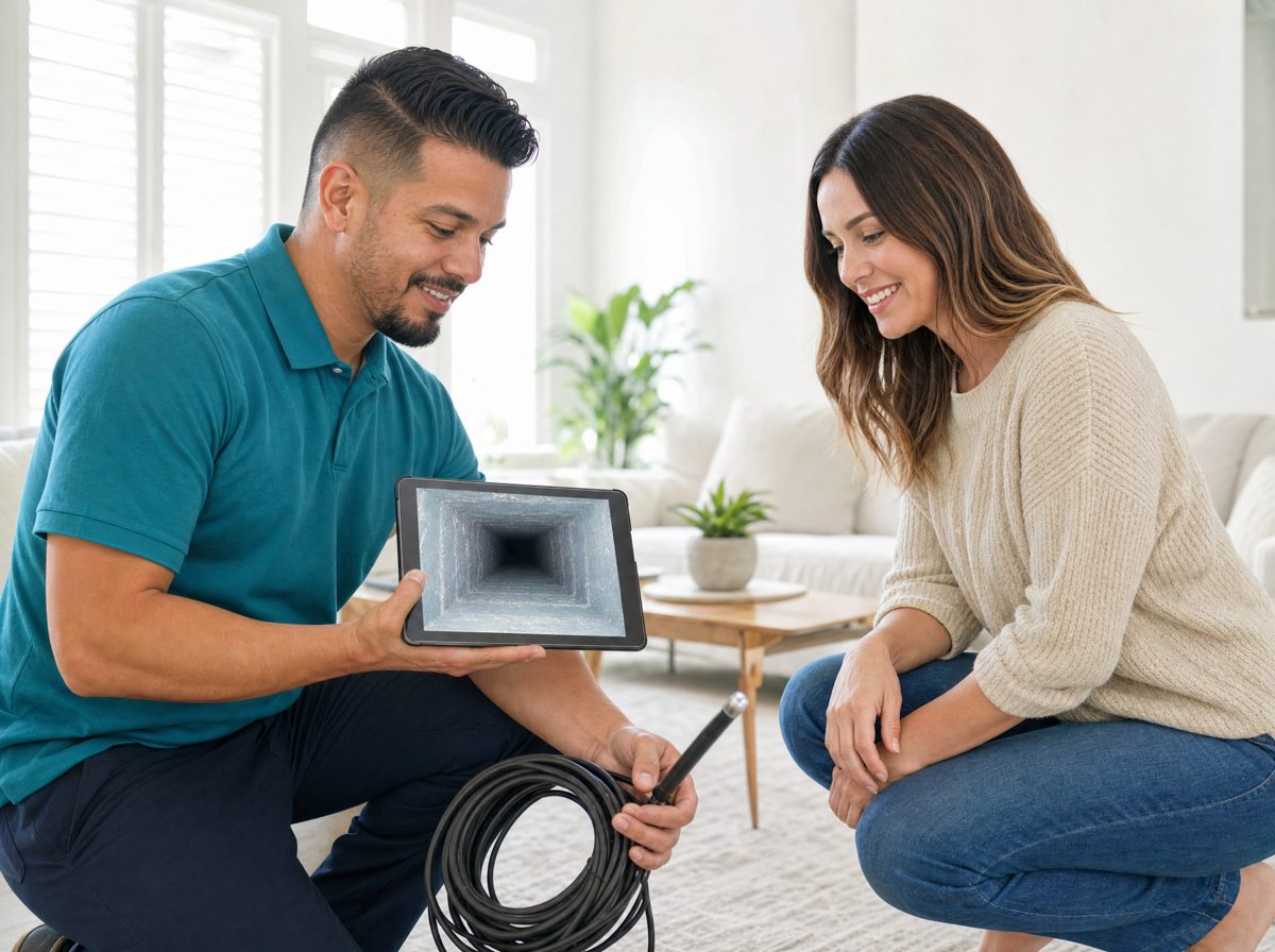 A Neo Air technician showing a homeowner a live camera view of the inside of her air duct on a tablet