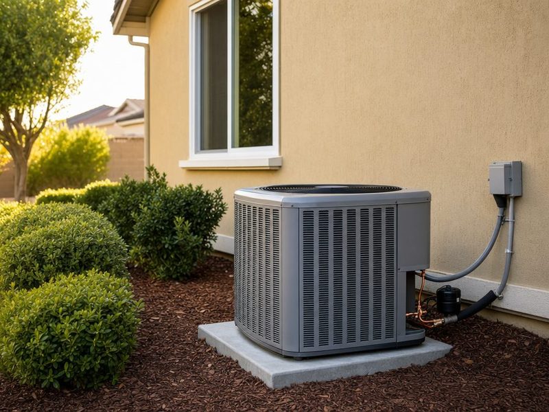 Outdoor air conditioning condenser beside a stucco home