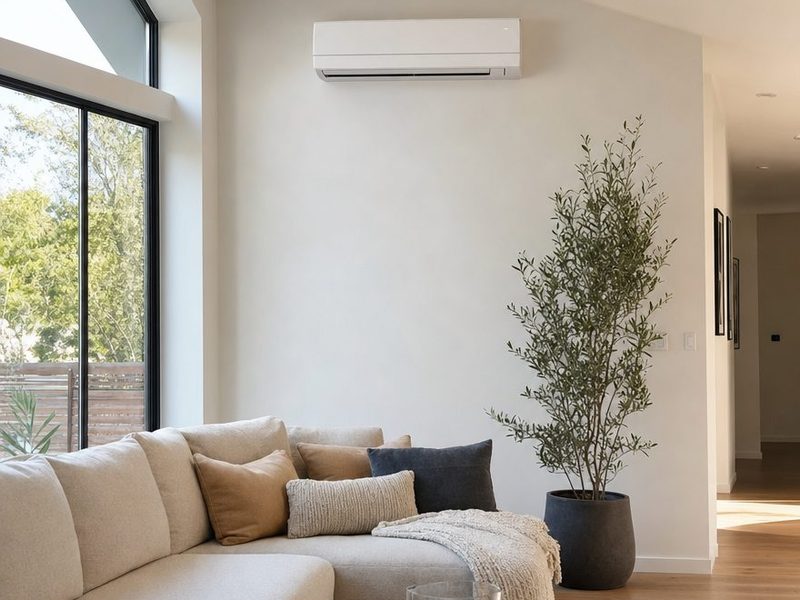 Ductless mini-split unit on a living room wall